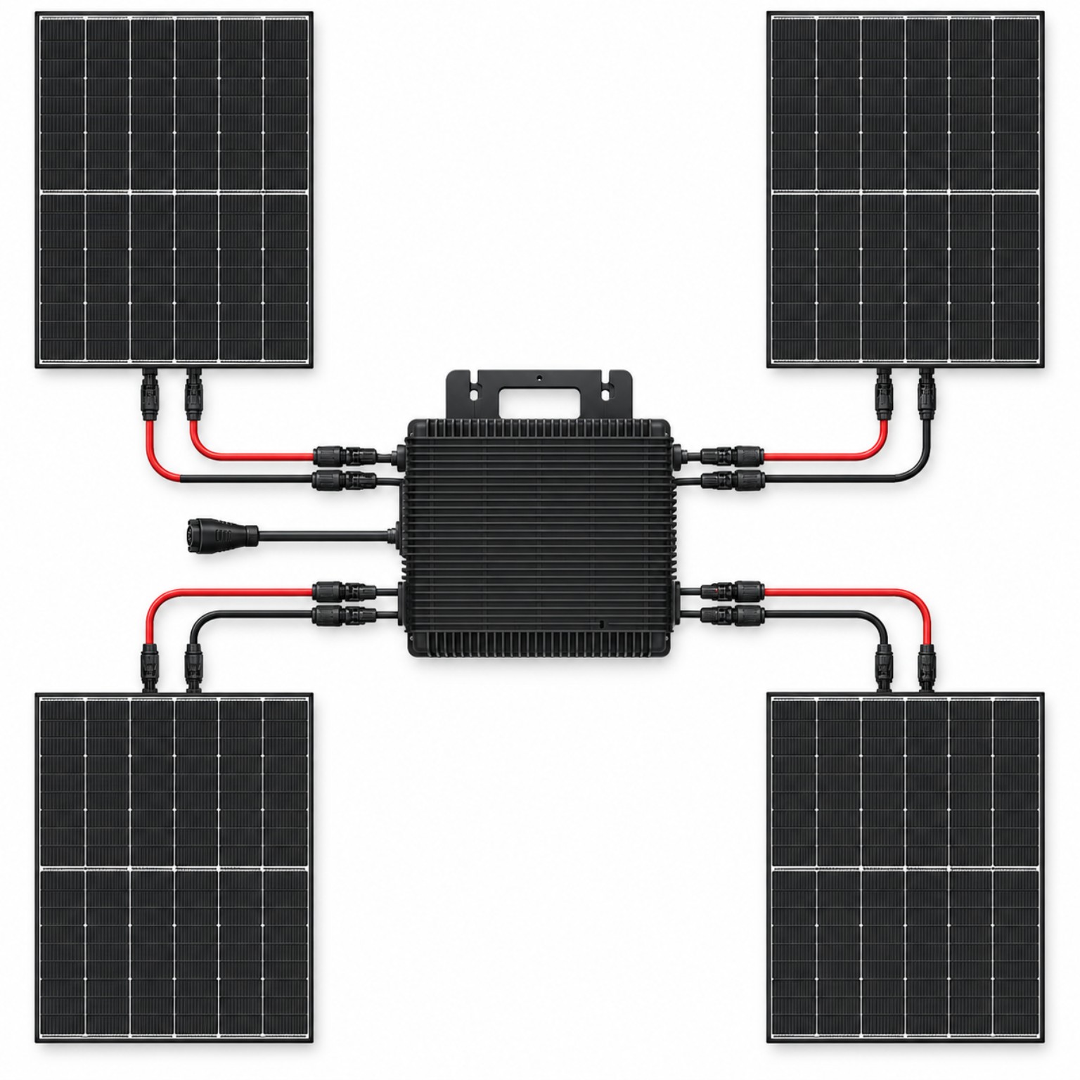 Vier Solarmodule mit zentralem Hoymiles-Wechselrichter und rot-schwarzen Solarkabeln